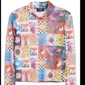 Dressed in lala mockneck mesh top in Patchwork design size L like new